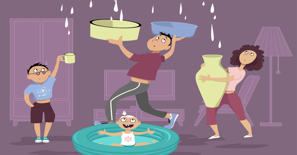 LEAKY ROOF CHECK YOUR ROOF PIPE BOOT.fw Family with leaky roof illustration