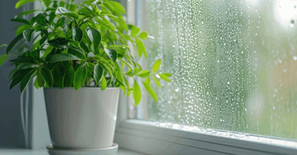 Indoor humidity shown on windows and sills